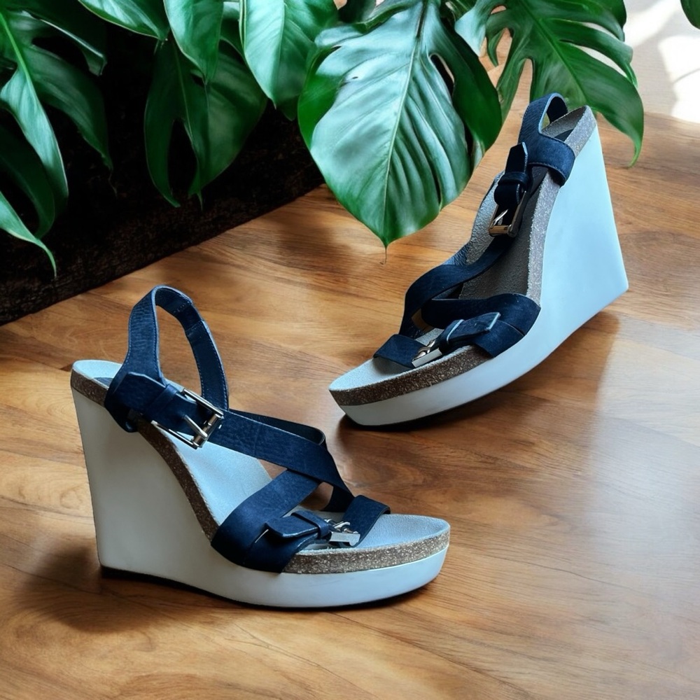 Jil Sander Wedge Sandals Black Straps Silver Buckle Comfortable Cork Footbed